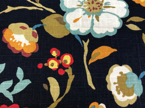 1.75 Yd Cotton Black Orange Green Cream Floral Upholstery Drapery Fabric